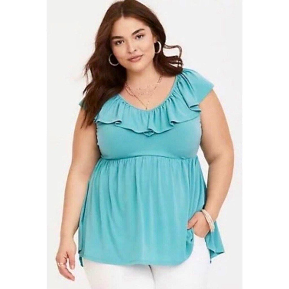 Torrid Blouse Top Blouse  XL Turquoise Poplin Ruffle Babydoll Peplum‎ Fairy